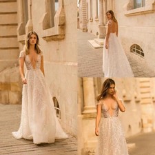 Deep V-neck Lace Applique Wedding Hat Sleeves Beach Lace Bohemian Bridal Gown