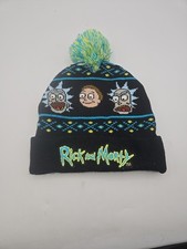 Adult Swim Rick and Morty Logo Embroidered Black Green Knit Pom Beanie