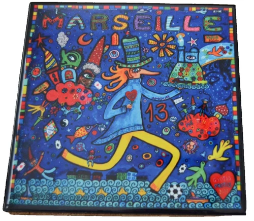 MARSEILLE FRANCE Colorful Ceramic Trivet Cork Bottom Gyptis Protis History HTF - product listing photo