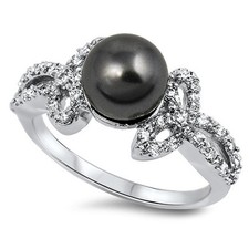 .925 Sterling Silver Fashion Black Lab Pearl Ring with Clear CZ Size 5 to10 NEW