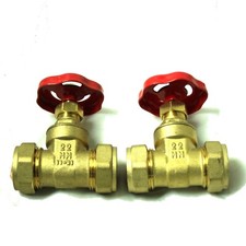 2 x 22mm Wheel Head Gate Valve Brass Compression- TWIN PACK - FREE DELIVERY
