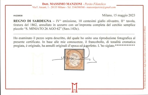 1862 Sardinien: 10c. olivgelb (Nr. 14Dc) selten. Cert. M.Manzoni (L 79) - Bild 2 von 2
