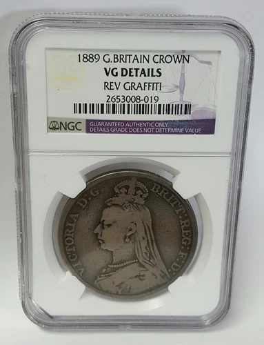 1889 GREAT BRITAIN SILVER CROWN VG DETAILS NGC GRAFFITI VICTORIA GEORGE & DRAGON