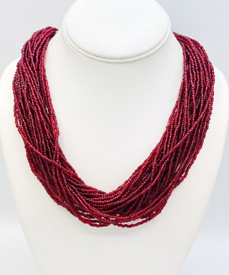 Vintage 80s Multi 30 Strand Dark Red Glass Seed Bead Necklace 20 in