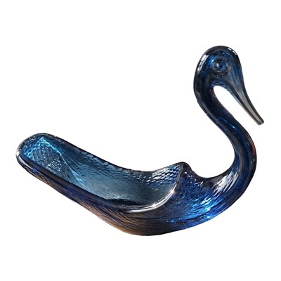 Vintage Blue Swan Figurine Blue Glass Textured Areas 10''Lx8.25''H