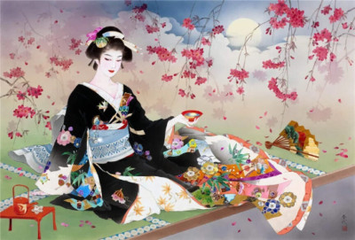 Japanese Geisha tea garden pink cherry blossom ceramic tile mural backsplash