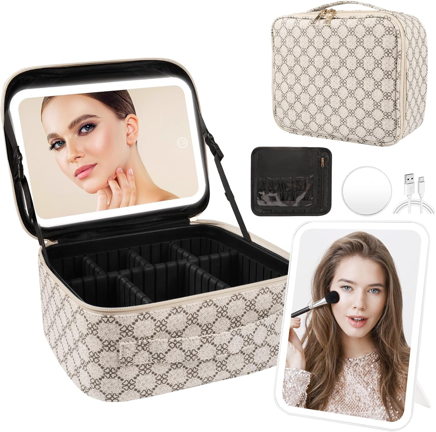 Lighted Makeup Bag with Adjustable Brightness Mirror - Portable Travel Train Case