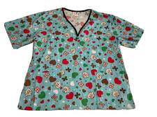 Expo Womens Scrub Top Medical Uniform V-Neck Multicolor Valentine Heart Cat 1X