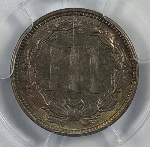 1866 3 Cent Nickel. .03. 3CN. PCGS Unc. Details Cool Toning. - Picture 2 of 5