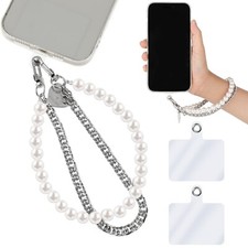 cobee Pearl Beaded Phone Wrist Strap, Anti Lost Stainless Steel Phone Chain L...