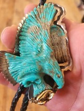John Winston Sterling Silver 14k Bolo Carved Eagle.  90 Grams Gold Talon