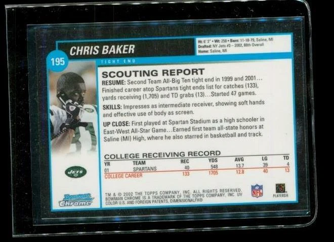 2002 TOPPS BOWMAN CHROME Rookie Football Card #195 CHRIS BAKER New York Jets - Image 2 of 2