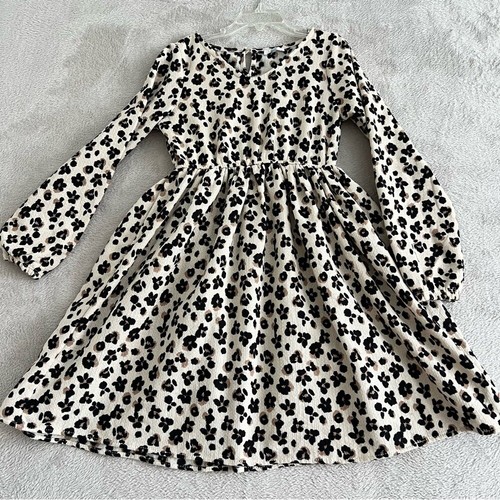 Tahari Girls Fit & Flare Dress 7 Animal Print Corduroy Long Sleeve Black Cream