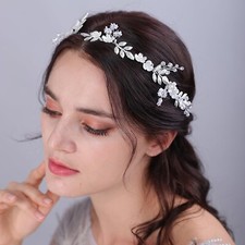 Boho Bridal Flower Leaf Headband Crystal Pearl Hair Vine Handmade Wedding Bri...