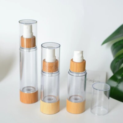 (Qty 2) Bamboo airless LOTION pump bottle container Clear 120ml size only