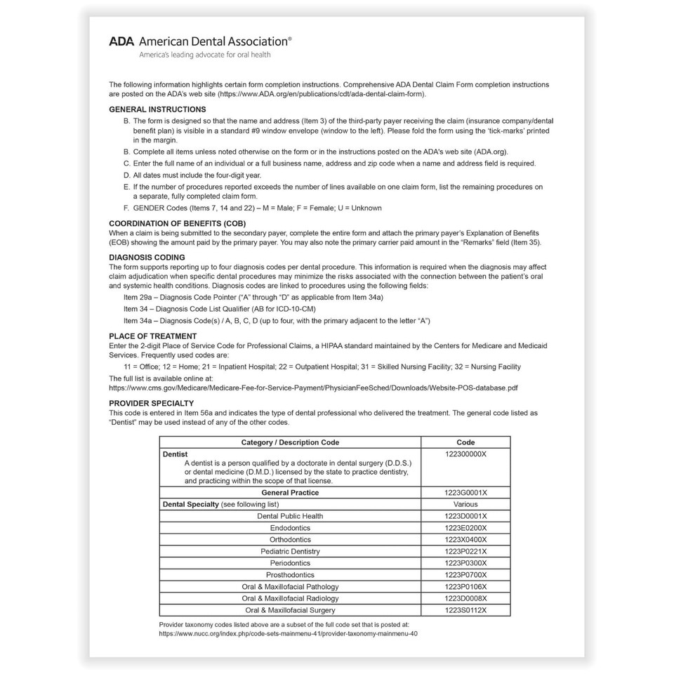 ADA Dental Claim Forms (2024 Version), Pack of 500, 81/2" X 11", Laser