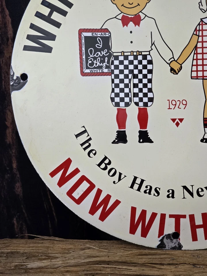 "LETRERO DE PORCELANA VINTAGE DE GAS ROSA BLANCA AHORA CON ACEITE ETÍLICO GASOLINA 12""" Foto 3 de 4