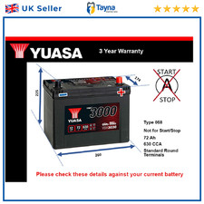 Car Battery YBX3030 Yuasa 068 600A 72Ah 3Yr Warranty 260x174x225 SMF