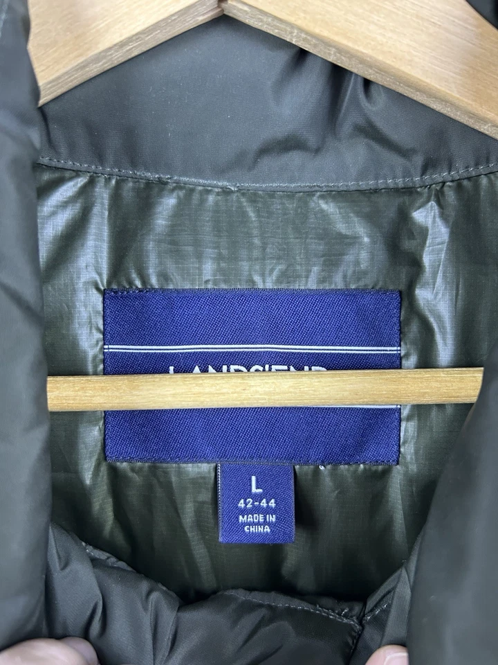 Lands End Mens L 42-44 Dark Green Goose Down Insltd Snap Front Nylon Puffer Vest - Image 3 of 4