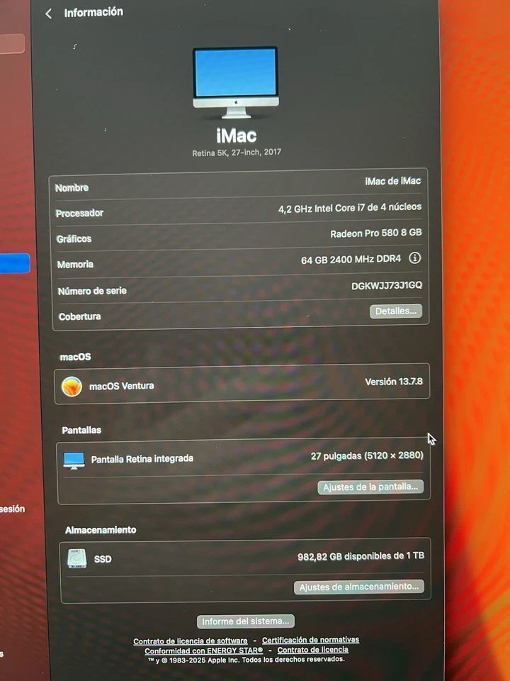 iMac 27” 2017 Retina 5K  I7 64GB RAM  1Tb SSD Radeon Pro 580 8GB - Imagen 2 de 3