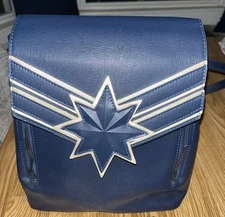 Bioworld Captain Marvel Backpack Faux Leather Navy Blue with Gold Accents