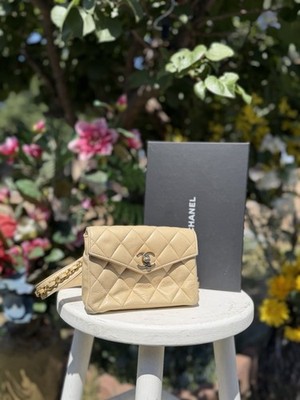 CHANEL Beige Small Quilted Shoulder Bag Gold Chain CC Turn-Lock Snap, Box