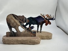 Laser Cut Metal Moose And Bear With Fish Mounted On Sandstone