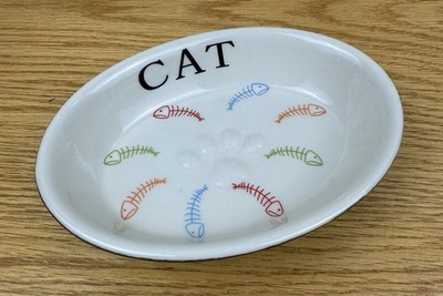 Fidos Diner Stoneware Cat Food Oval Bowl Dish Black & White w Fish 6.5  X 4.75 