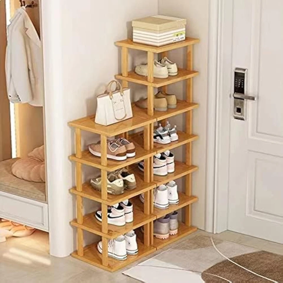 Bamboo Shoe Rack 12 Tier- Vertical Shoe Rack for Small Spaces, Tall Narrow Shoe