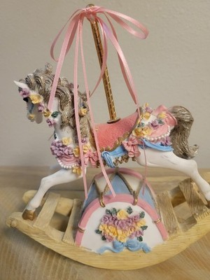 Vintage Carousel Horse Music Box Rocking Base Floral Pink Blue Works Wind Up