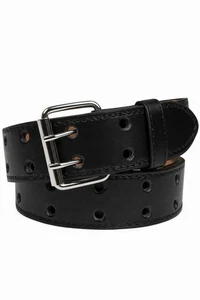 Genuine Leather Two Prong Double Row Holes Casual Plain Black Belt All Sizes