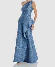 Teri Jon by Rickie Freeman Women's Blue One Shoulder Jacquard Gown Dress Size 2