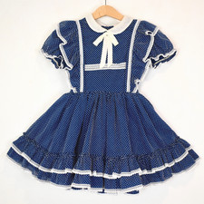 Vtg Navy Blue Swiss Dot Party Dress Girls 6 Full Circle Ruffles Lace EUC