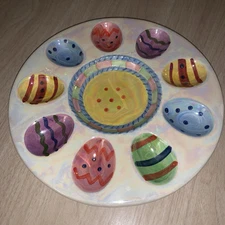 Deviled 9 Egg Relish Dish Hand painted Whimsical Fun Colorful Plate Easter Decor