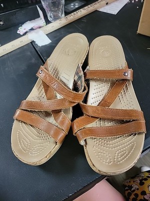 Crocs Shoes Womens 9 A-Leigh Wedge Sandals Cork Slides Brown Shoes Slip On