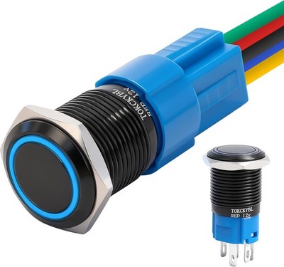 16mm Latching Push Buton Switch 12V DC IP65 Waterproof ON Off Black Shell LED