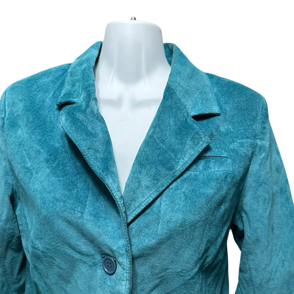 Blazer feminino Parisian Signature jaqueta pequena média couro camurça azul-petróleo - Imagem 2 de 4