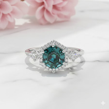 1.320CT Teal Sapphire Hexagon Engagement Ring   Blue Green Hexagon Cut Ring