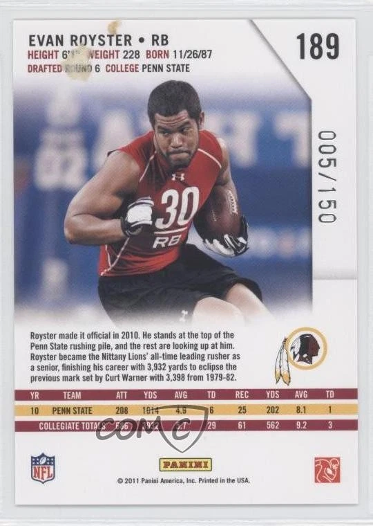2011 Panini Rookies & Stars Longevity Rookie Ruby /150 Evan Royster #189 RC - Image 2 of 2