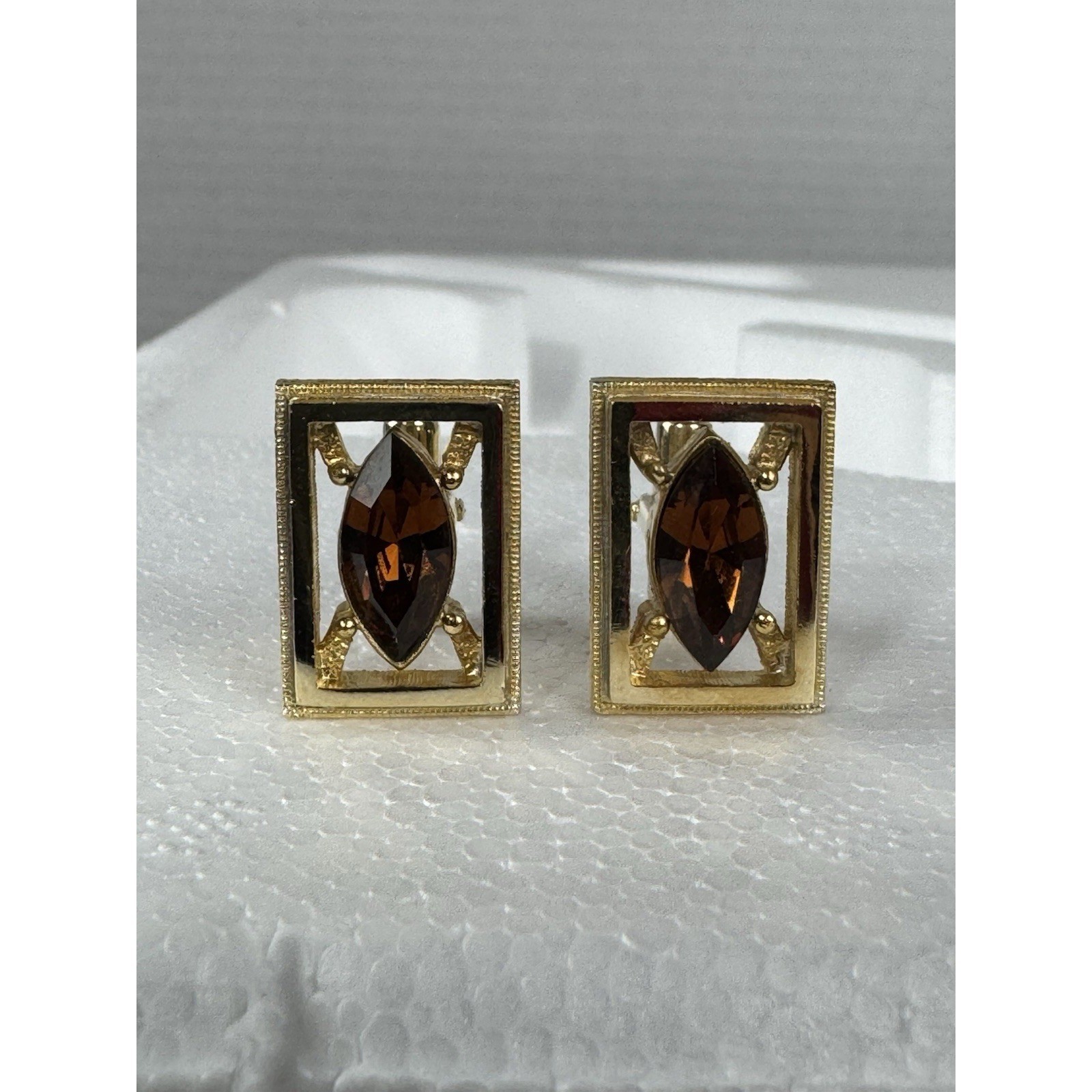 Anson rectangular gold tone cufflinks brown stone… - image 1