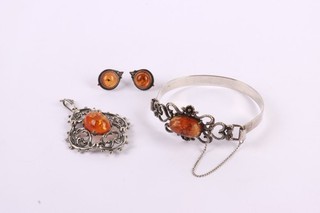 Vintage Amber Silver Jewellery 3pc Bangle Stud Earrings Pendant 26.61g Silver