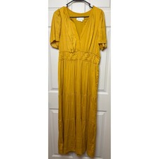 Anthropologie Somerset Satin Mustard Yellow Maxi Dress Elastic Waist LG FLAW