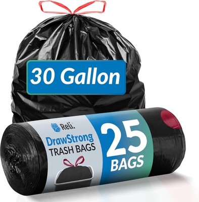 Trash Bags 30 Gallon Heavy Duty Drawstring 25-Count Black Outdoor Lawn Garbage
