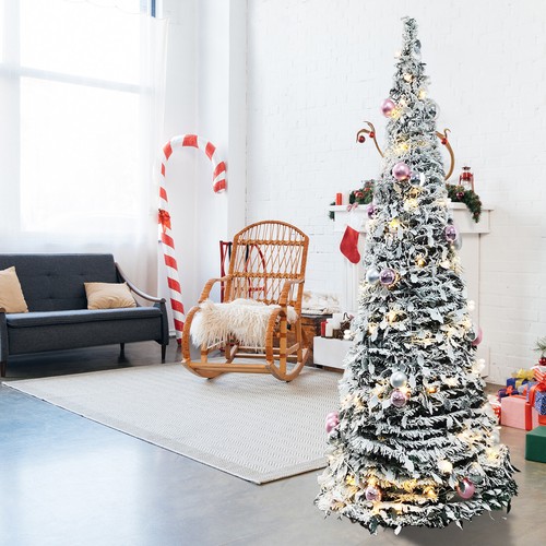 6FT Pre-Lit Flocked Fully Decorated Pull Up Christmas Tree Collapsible Xmas Tree - Picture 7 of 13