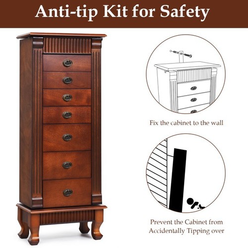 Wooden Jewelry Organizer Armoire Cabinet Storage Chest W/ Drawers & 2 Swing Door - Picture 7 of 13