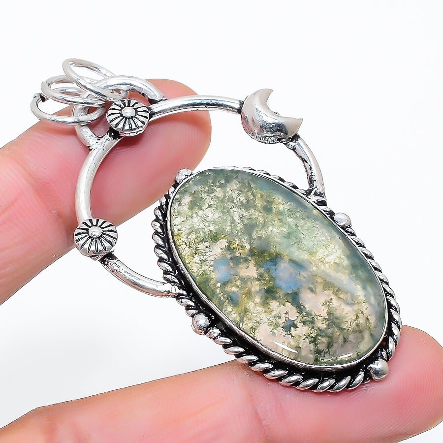 Moss Agate Handmade Ethnic Jewelry Pendant 2.48 Inch KP-420