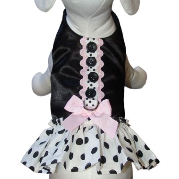 Cha Cha Couture Size Large Black Satin Polka Dot Dog Harness Dress & Leash 