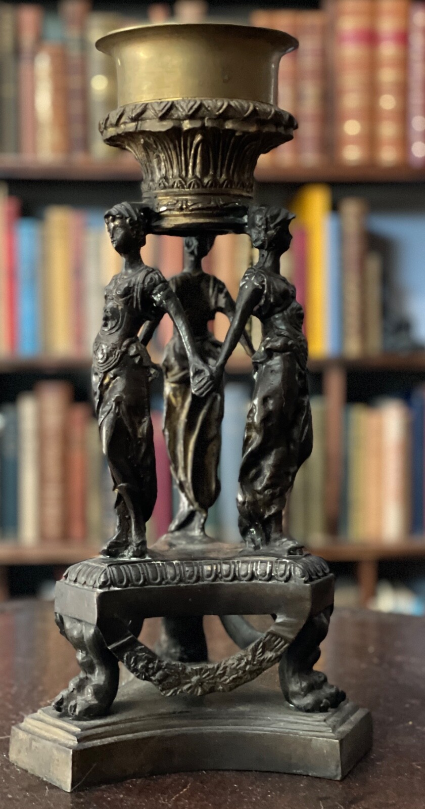 VINTAGE MYTHOLOGICAL "3 GRACES" ART NOUVEAU STYLE BRONZE CANDLE HOLDER, 15" Tall