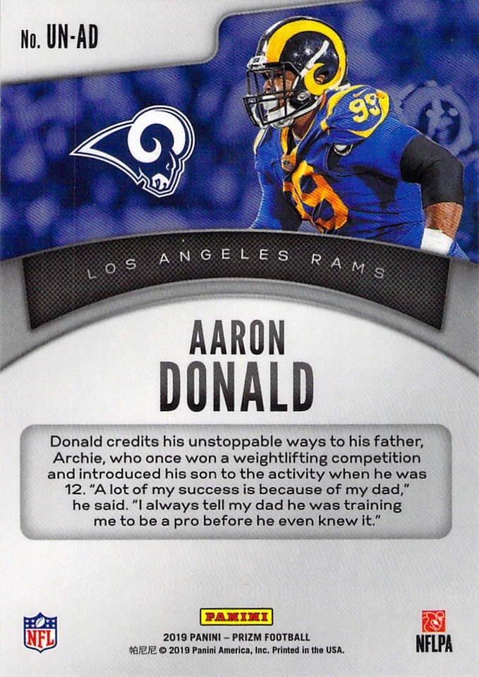 Aaron Donald 2019 Panini Prizm Football UNSTOPPABLE INSERT Chrome Card #UN-AD - Image 2 of 2