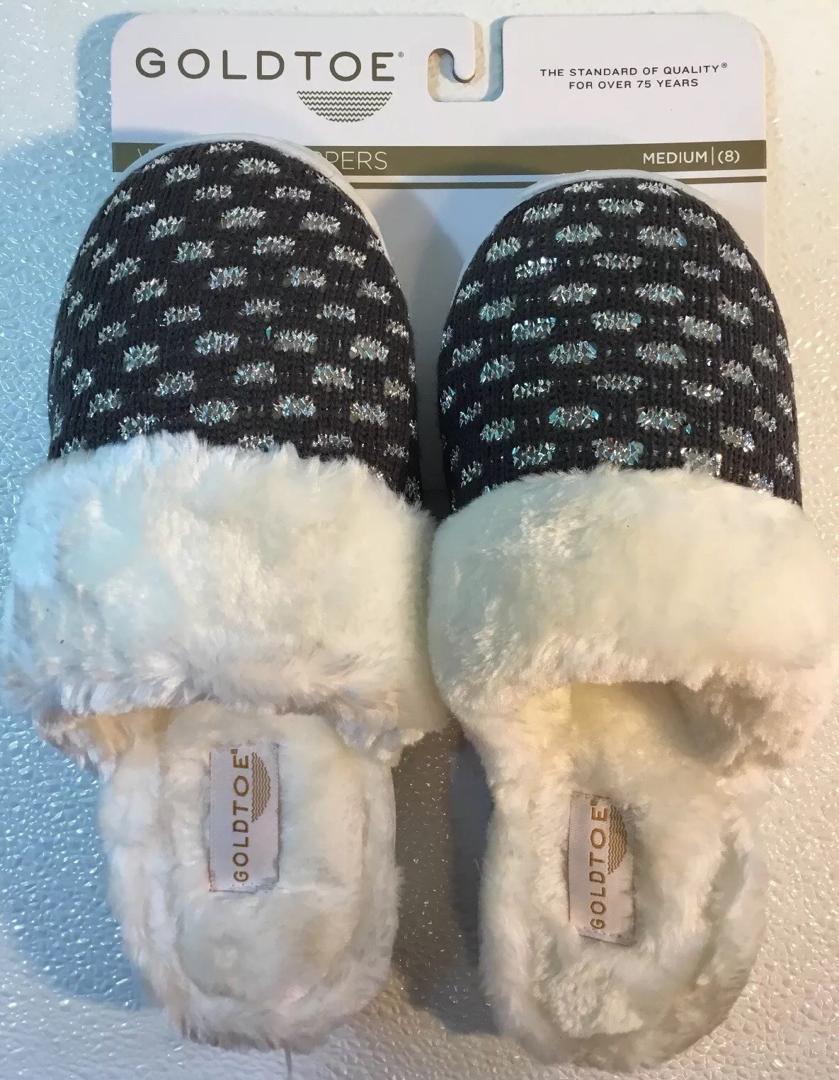 PANTOFOLA D’ORO NUOVE ciabatte da donna Gold taglia 8 Medium M grigio argento foderate in pelliccia scarpe con graffi